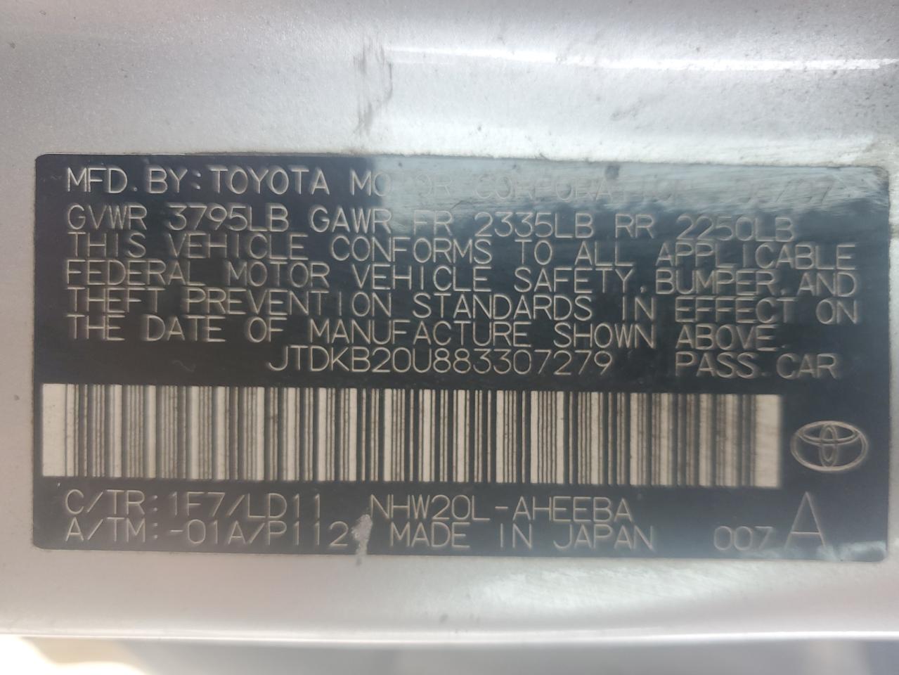 2008 Toyota Prius VIN: JTDKB20U883307279 Lot: 67768345