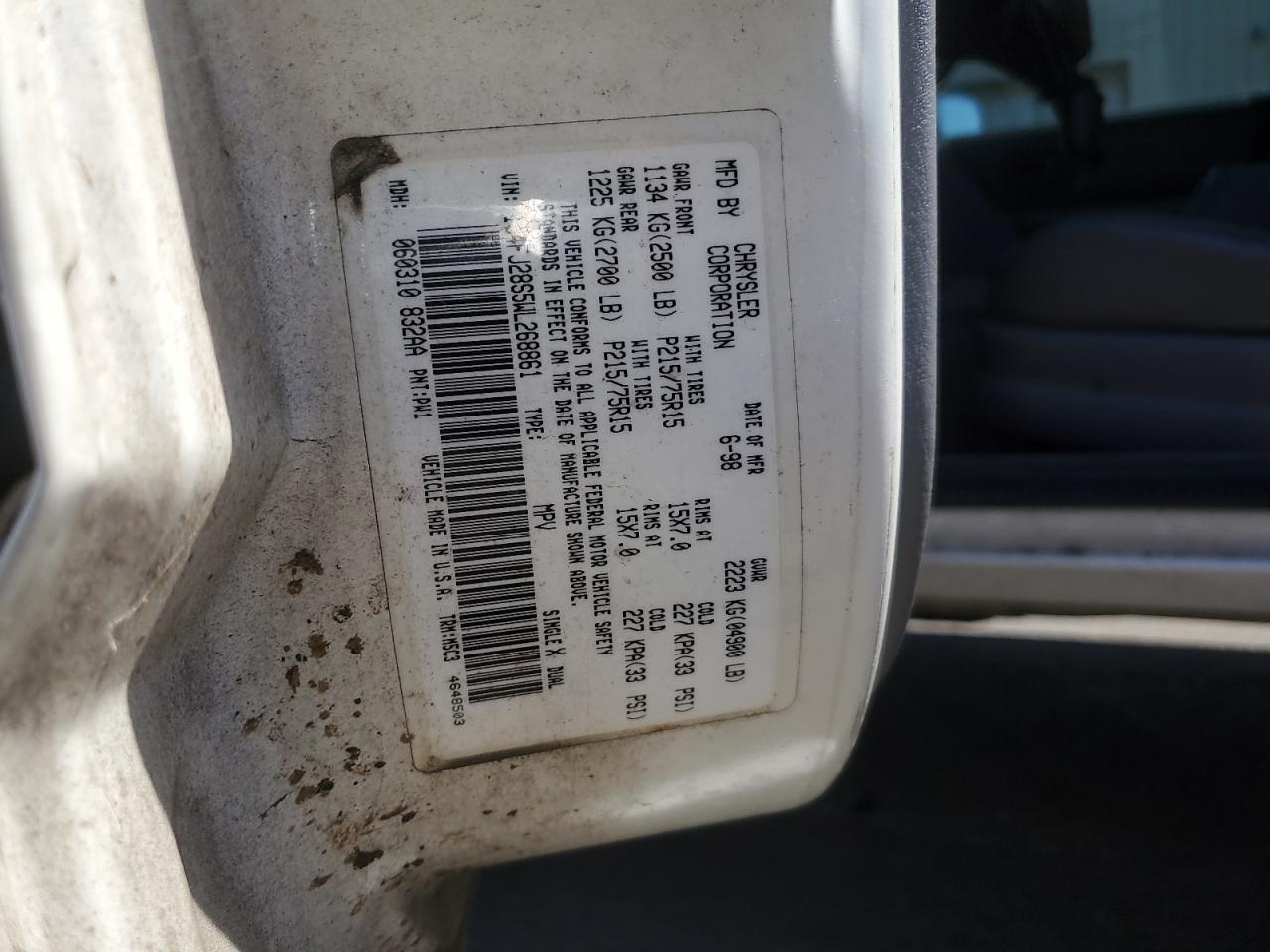 1998 Jeep Cherokee Se VIN: 1J4FJ28S5WL268861 Lot: 70058685