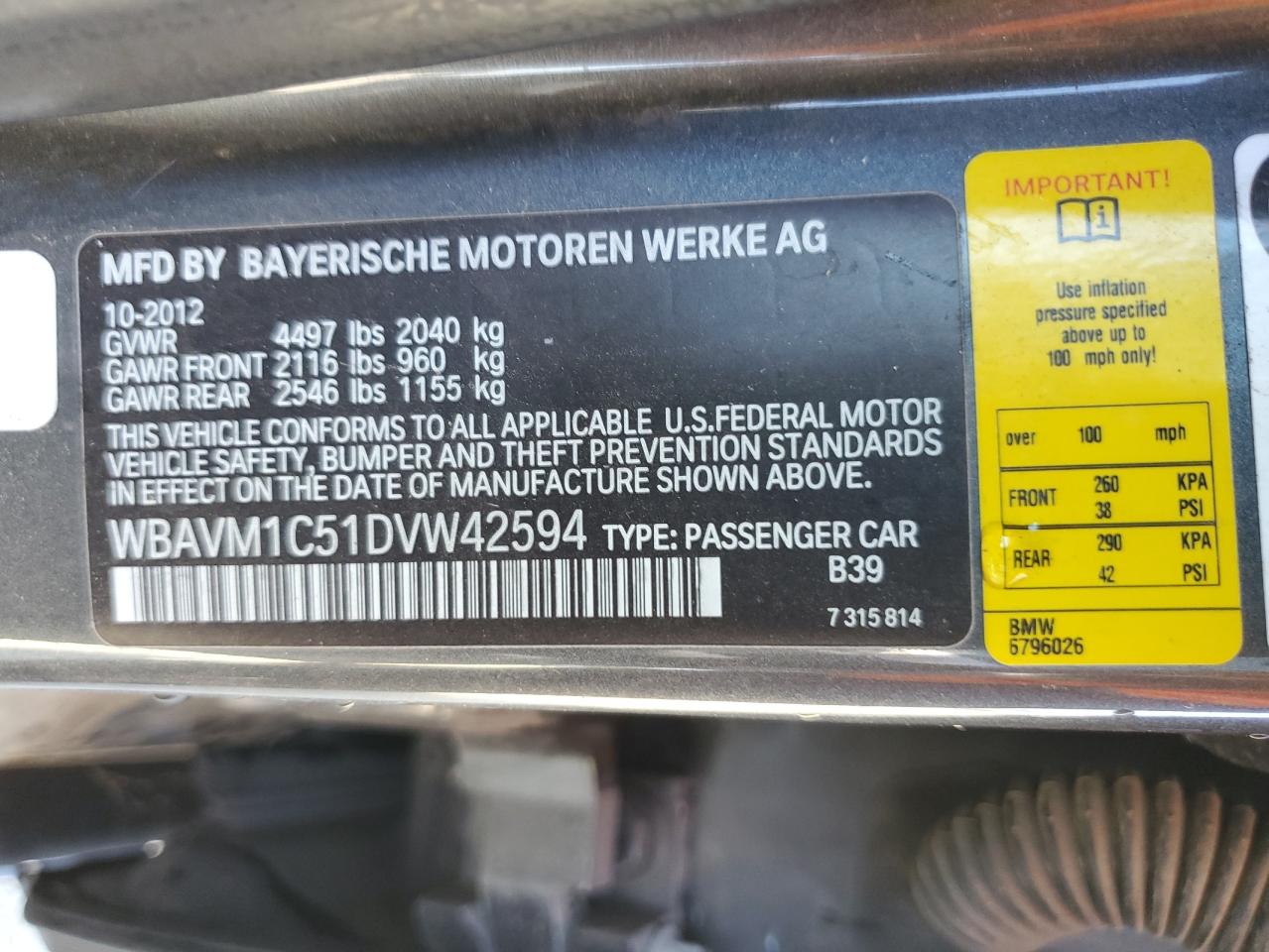 2013 BMW X1 Sdrive28I VIN: WBAVM1C51DVW42594 Lot: 69862925