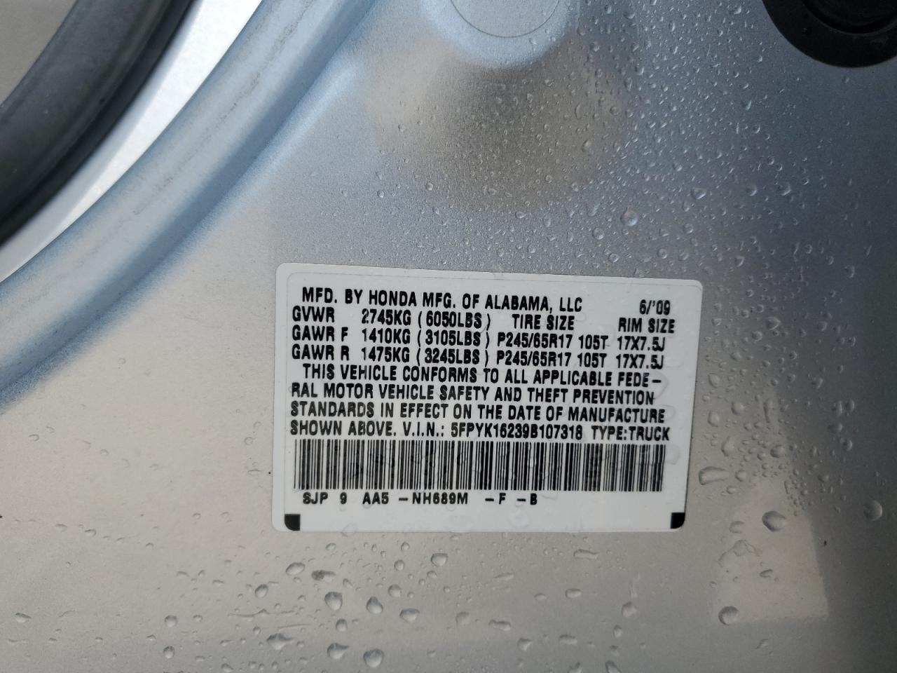 2009 Honda Ridgeline Rt VIN: 5FPYK16239B107318 Lot: 67021975