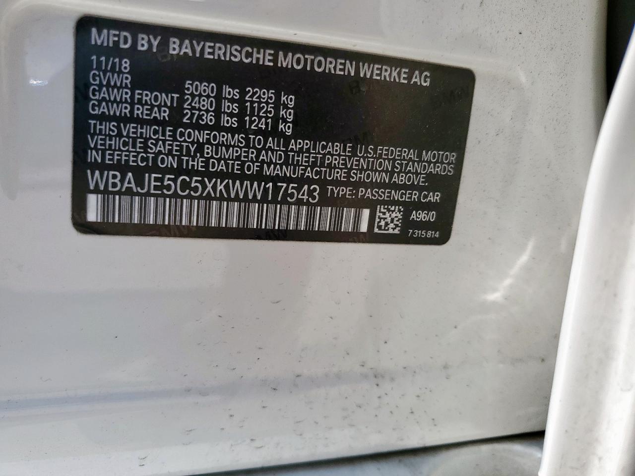 2019 BMW 540 I VIN: WBAJE5C5XKWW17543 Lot: 67414815