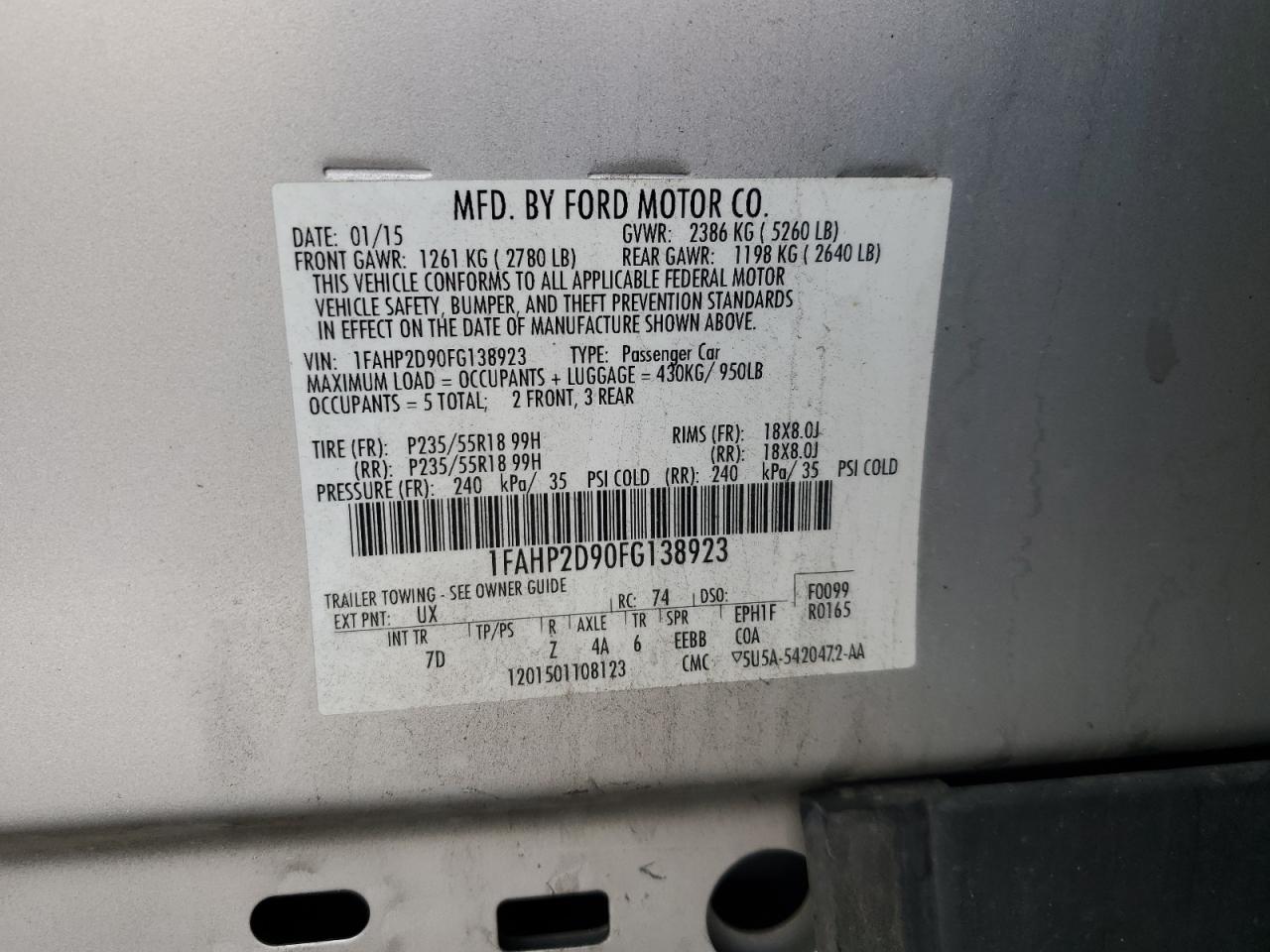 2015 Ford Taurus Se VIN: 1FAHP2D90FG138923 Lot: 70376065