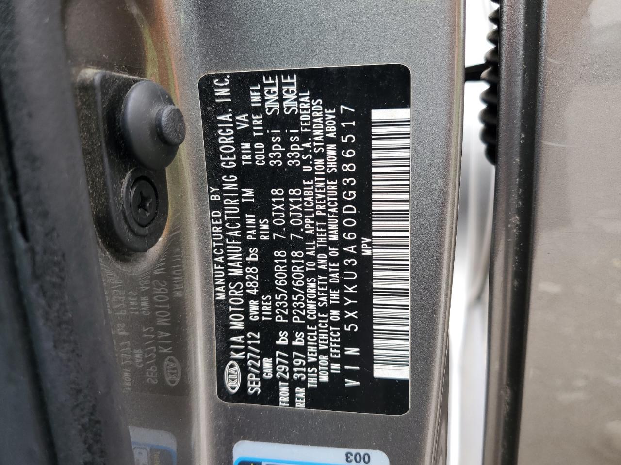 2013 Kia Sorento Ex VIN: 5XYKU3A60DG386517 Lot: 67352545