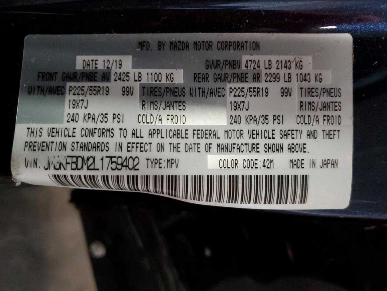 2020 Mazda Cx-5 Grand Touring VIN: JM3KFBDM2L1759402 Lot: 68512125