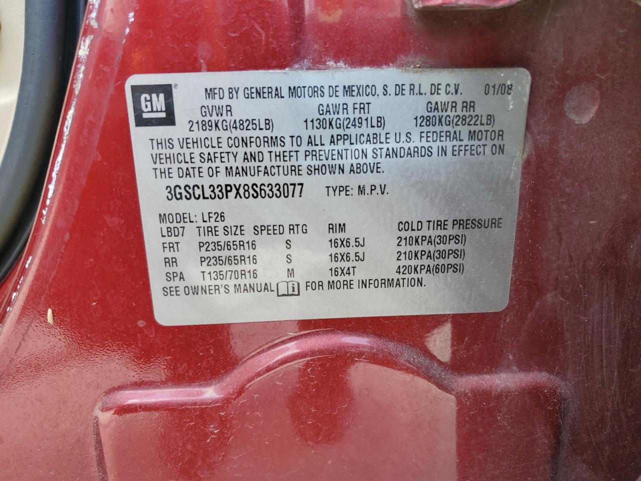 2008 Saturn Vue Xe VIN: 3GSCL33PX8S633077 Lot: 66728885