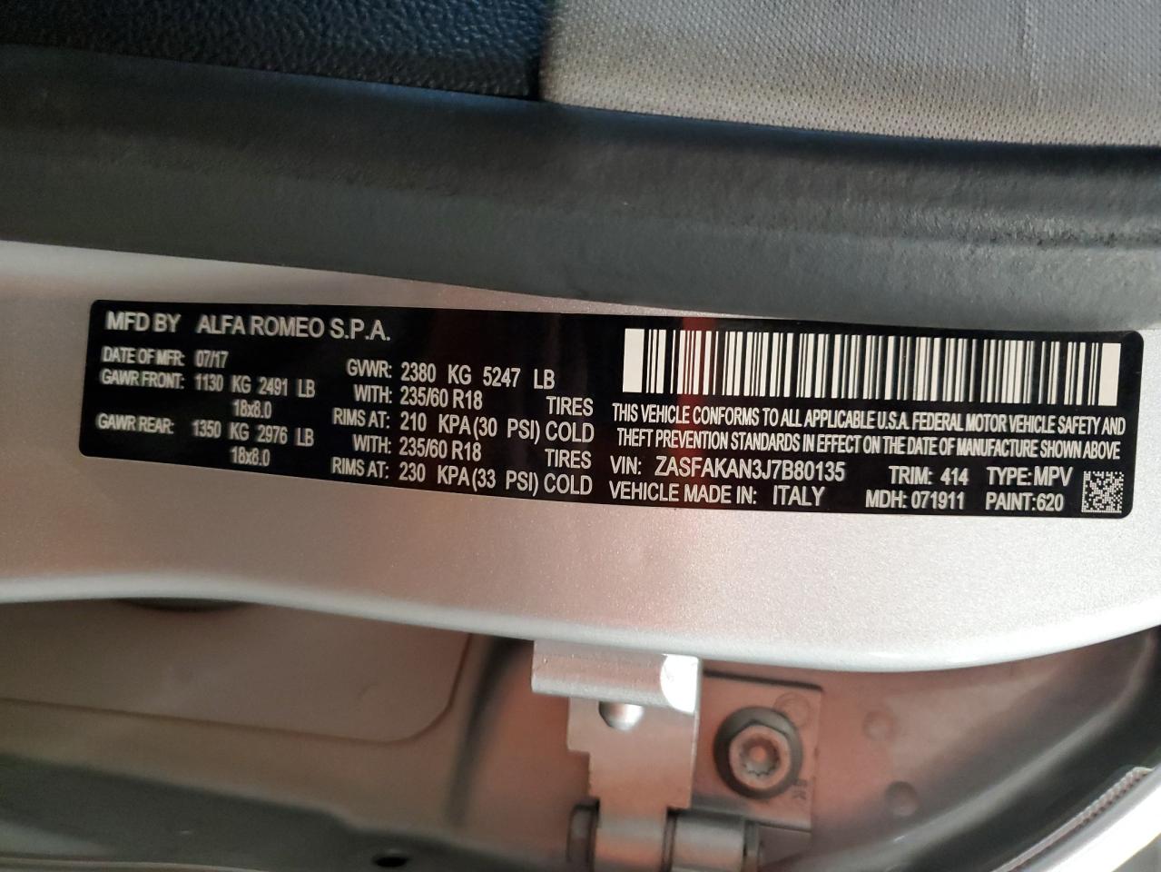 2018 Alfa Romeo Stelvio VIN: ZASFAKAN3J7B80135 Lot: 94865395