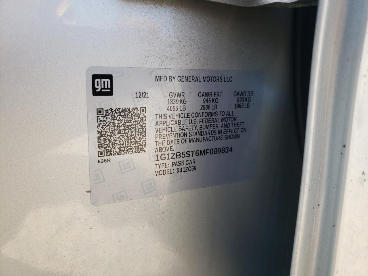 2021 Chevrolet Malibu Ls VIN: 1G1ZB5ST6MF089834 Lot: 69829245