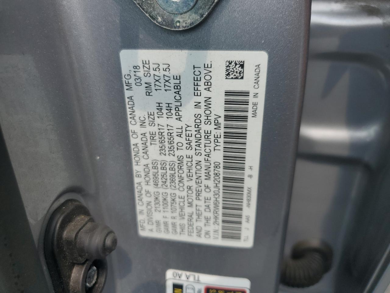 2018 Honda Cr-V Lx VIN: 2HKRW6H30JH208780 Lot: 67662845