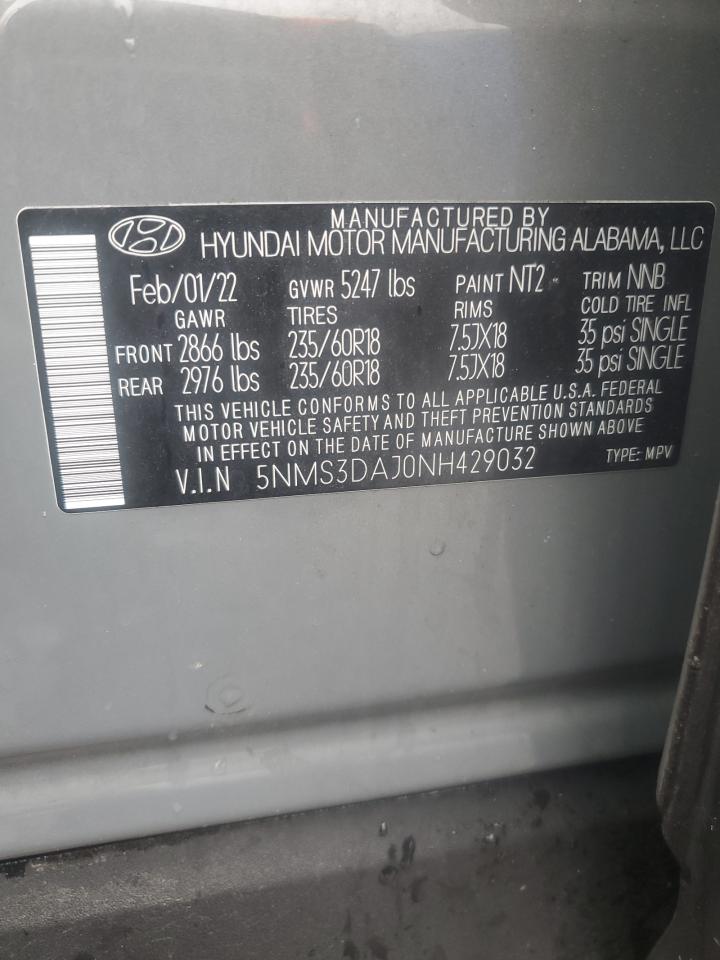 2022 Hyundai Santa Fe Sel VIN: 5NMS3DAJ0NH429032 Lot: 69201585