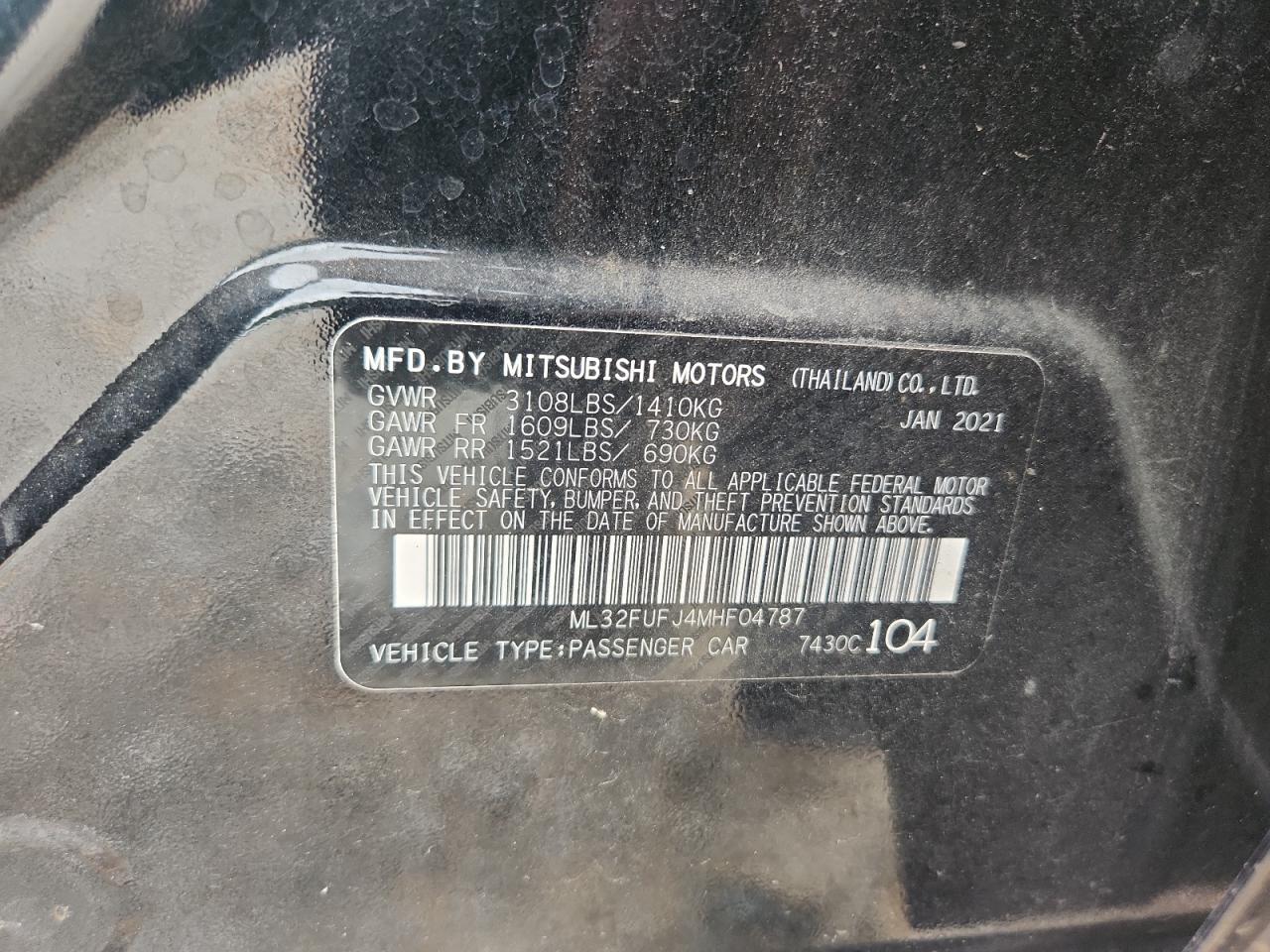 2021 Mitsubishi Mirage G4 Es VIN: ML32FUFJ4MHF04787 Lot: 68153205