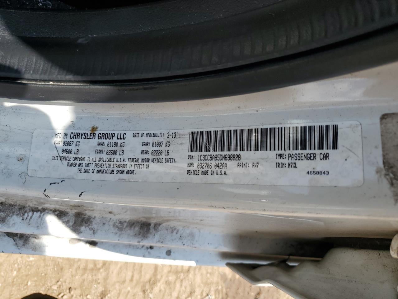 2013 Chrysler 200 Lx VIN: 1C3CCBAB5DN698828 Lot: 67124685