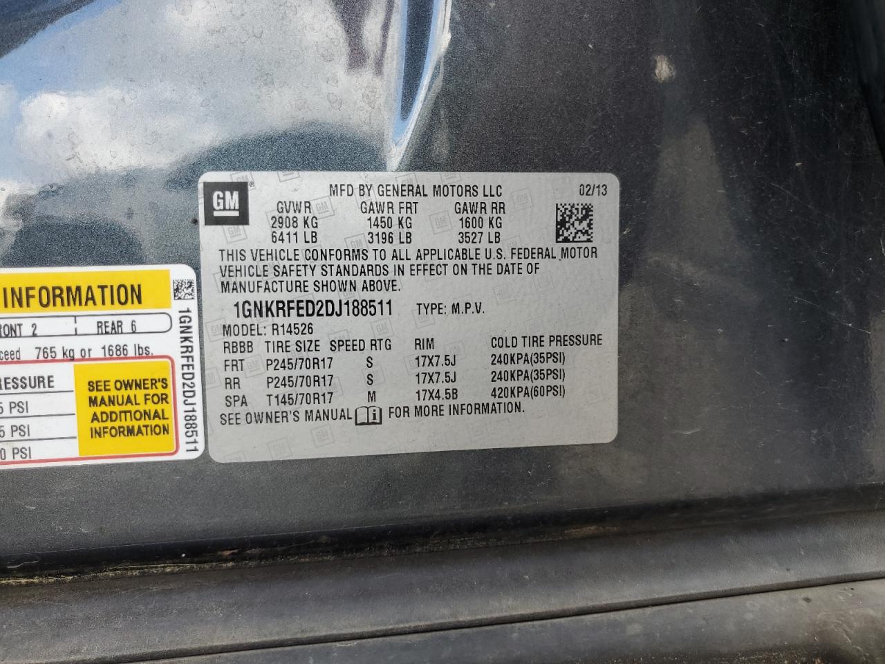 2013 Chevrolet Traverse Ls VIN: 1GNKRFED2DJ188511 Lot: 68560425