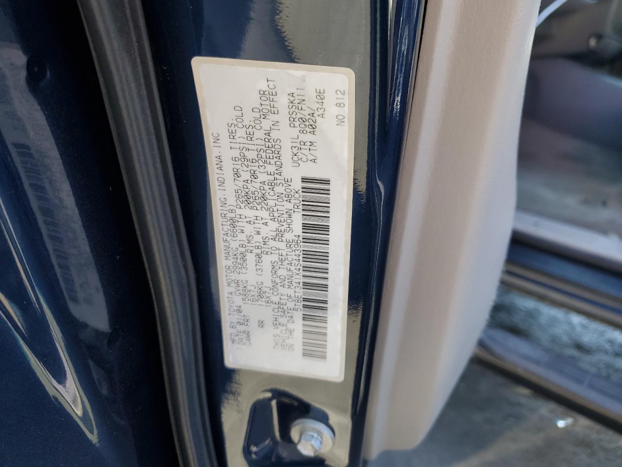 2004 Toyota Tundra Double Cab Sr5 VIN: 5TBET341X4S443964 Lot: 69156295