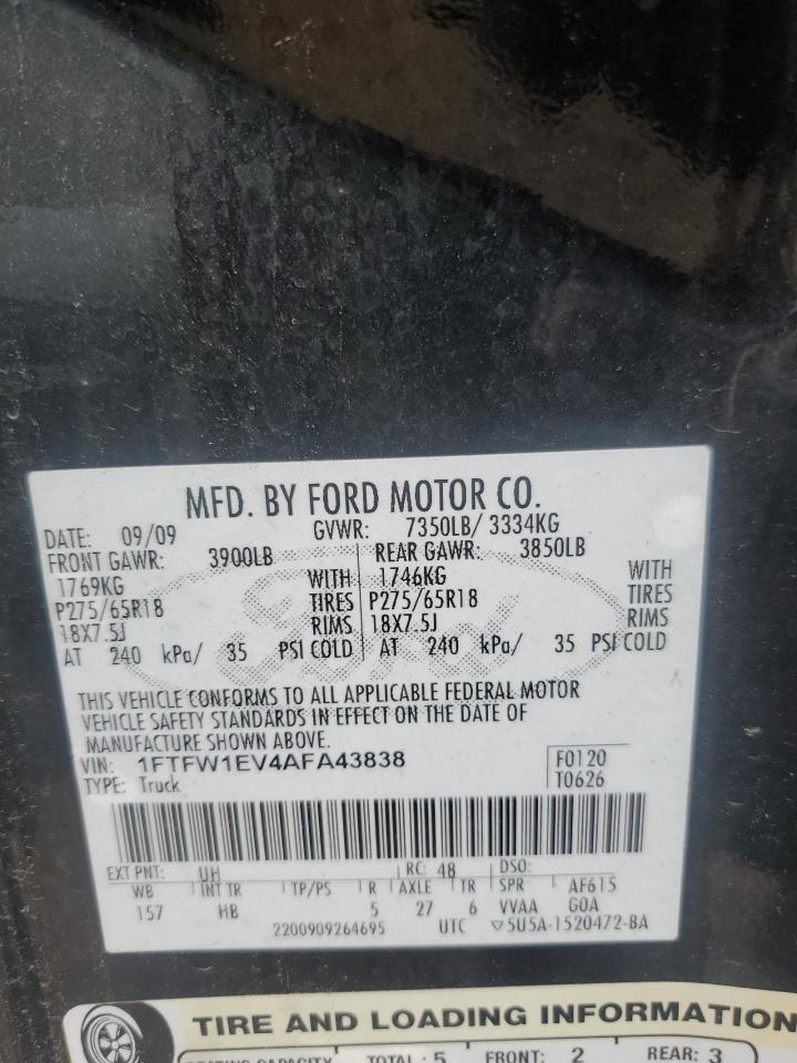 2010 Ford F150 Supercrew VIN: 1FTFW1EV4AFA43838 Lot: 69343545
