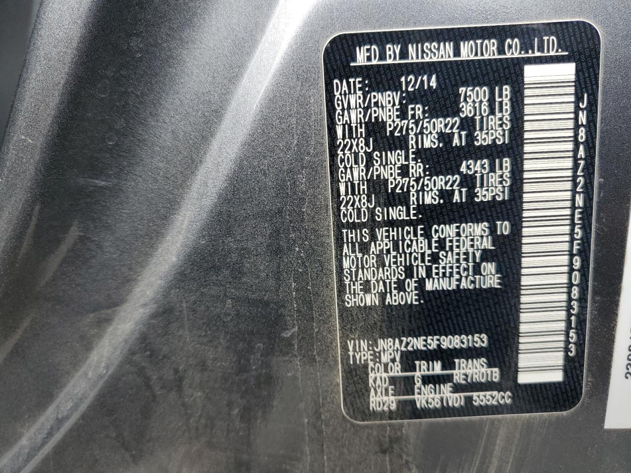 2015 Infiniti Qx80 VIN: JN8AZ2NE5F9083153 Lot: 68929595