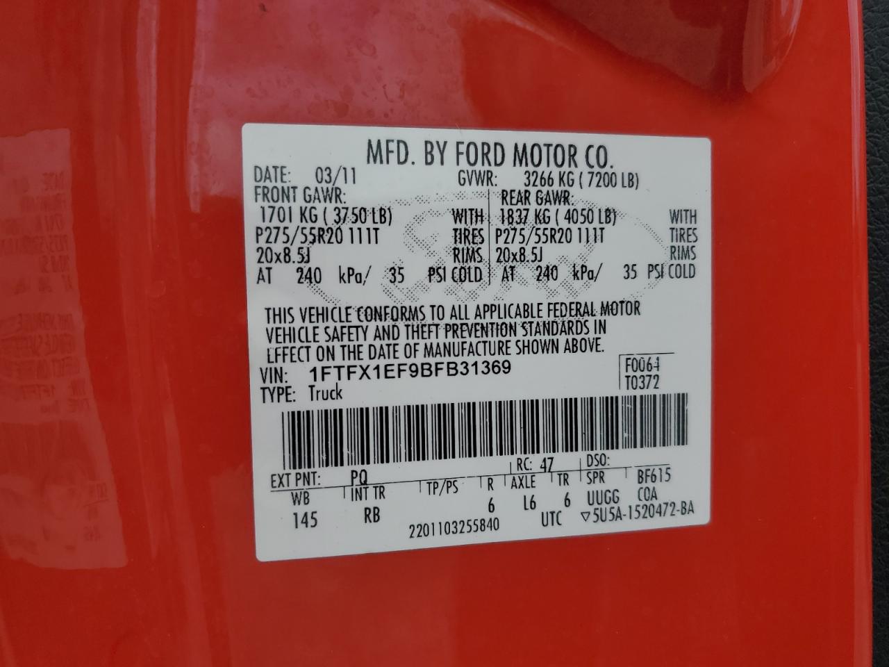 2011 Ford F150 Super Cab VIN: 1FTFX1EF9BFB31369 Lot: 67442995