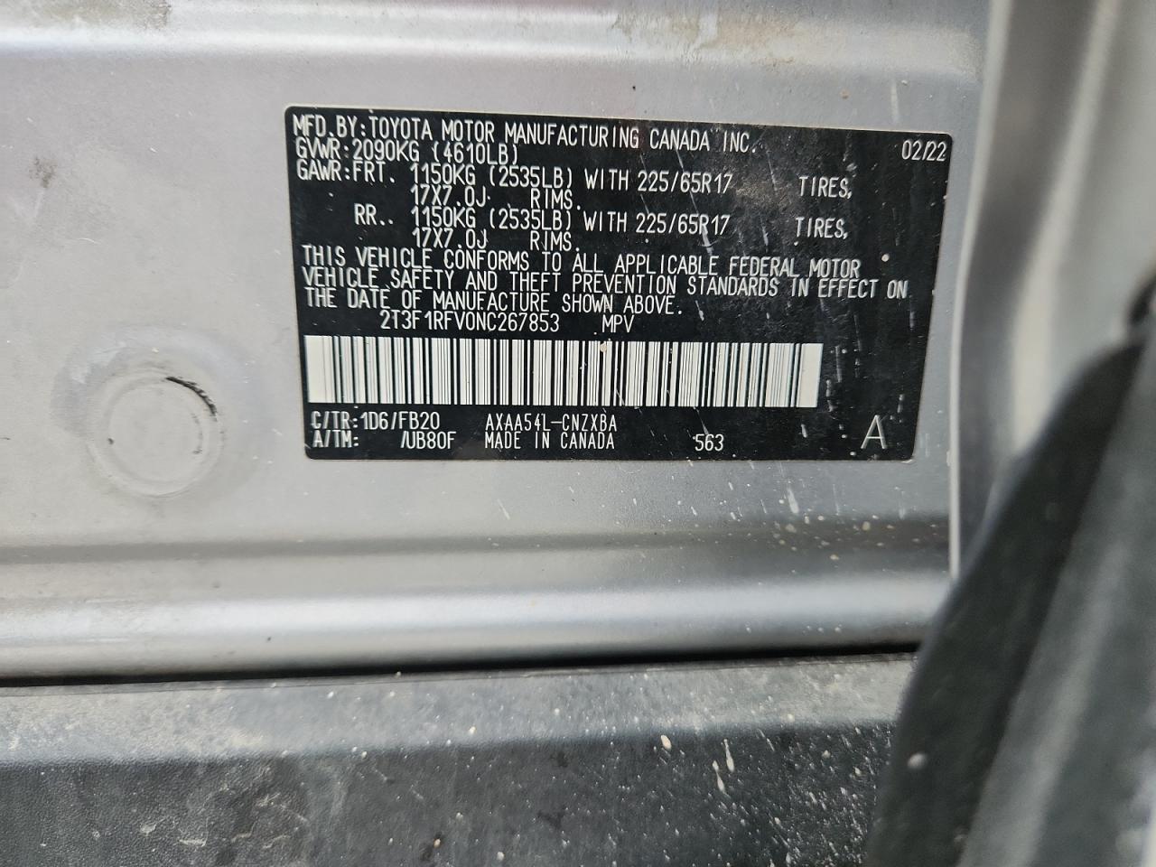 2022 Toyota Rav4 Le VIN: 2T3F1RFV0NC267853 Lot: 70096285