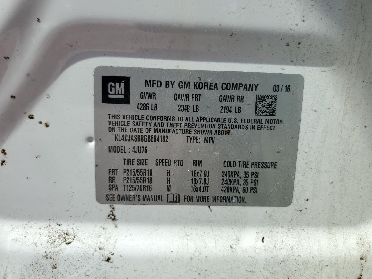 2016 Buick Encore VIN: KL4CJASB8GB664182 Lot: 66205715