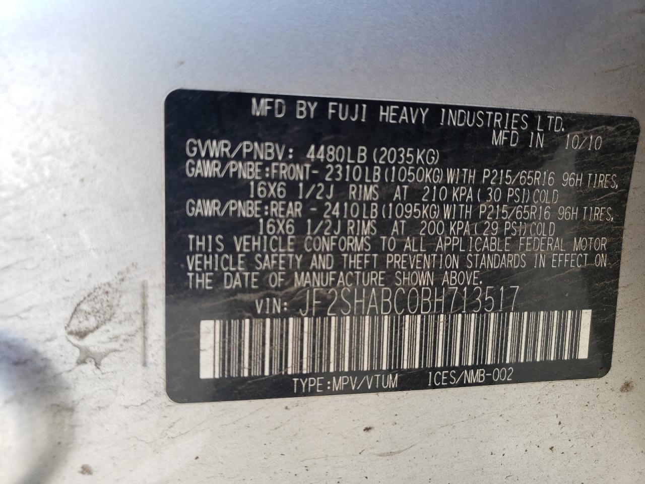 2011 Subaru Forester 2.5X VIN: JF2SHABC0BH713517 Lot: 67800345