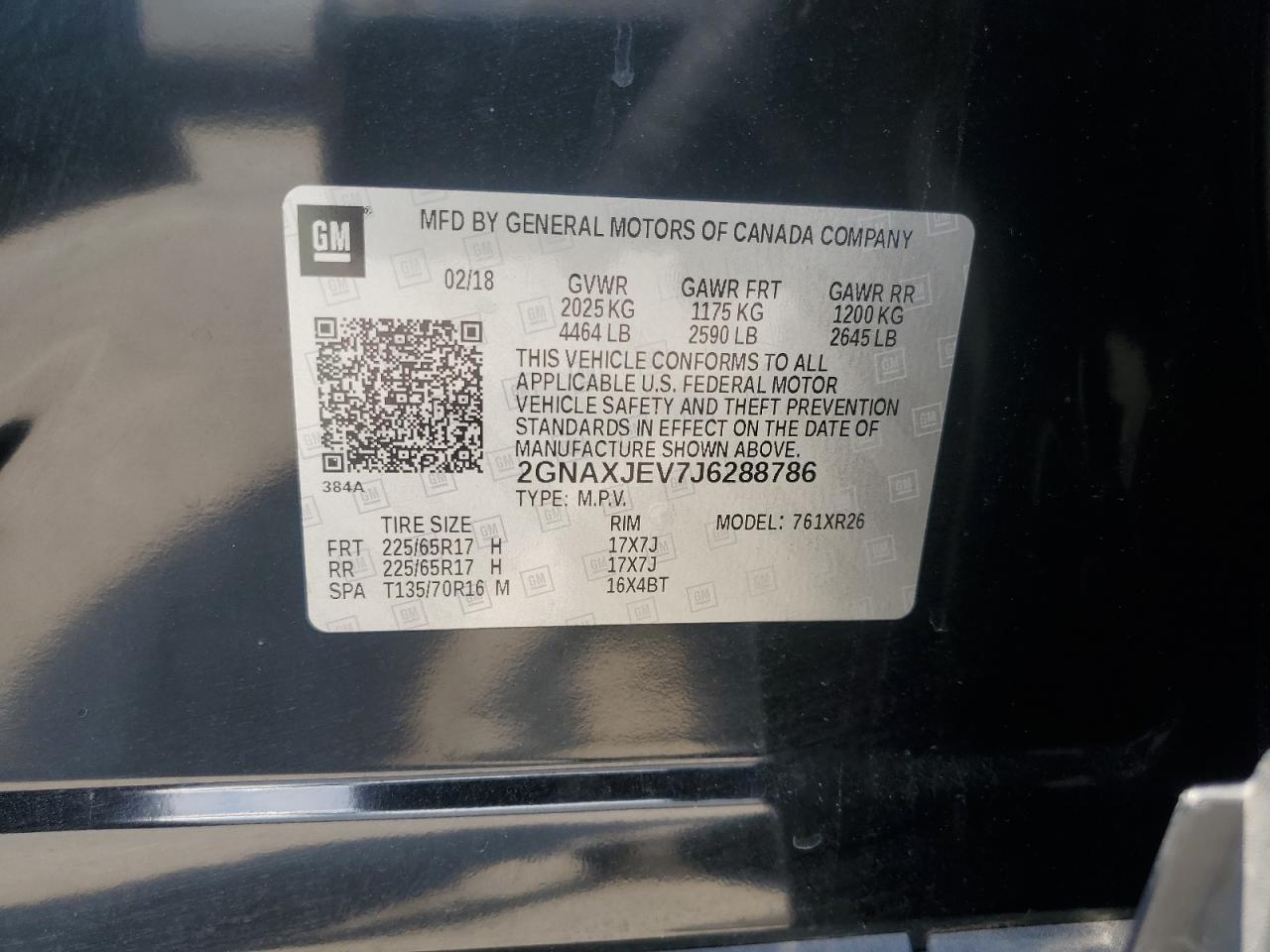 2018 Chevrolet Equinox Lt VIN: 2GNAXJEV7J6288786 Lot: 67846005