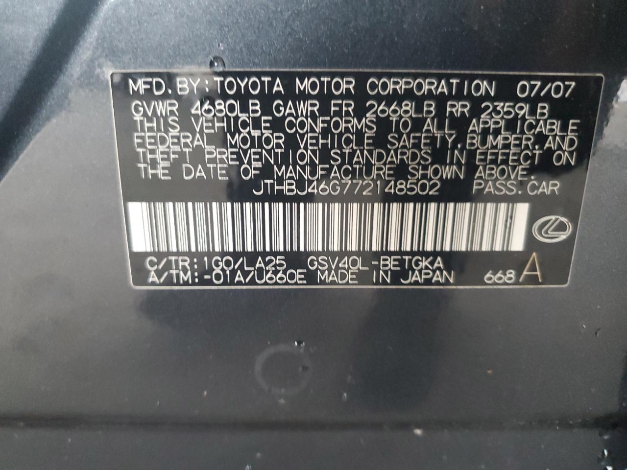 2007 Lexus Es 350 VIN: JTHBJ46G772148502 Lot: 68871715