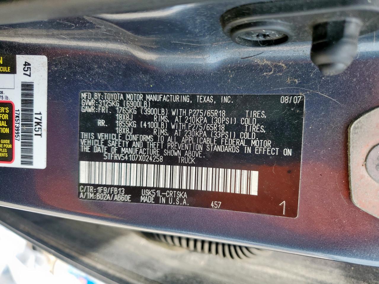 2007 Toyota Tundra Double Cab Sr5 VIN: 5TFRV54107X024258 Lot: 69797925