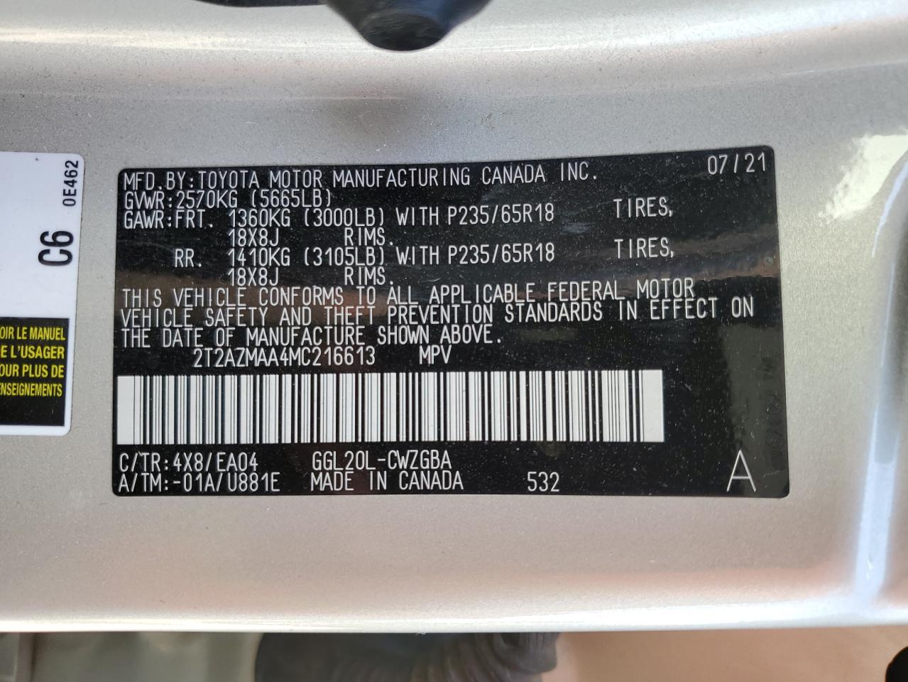 2021 Lexus Rx 350 Base VIN: 2T2AZMAA4MC216613 Lot: 69476535