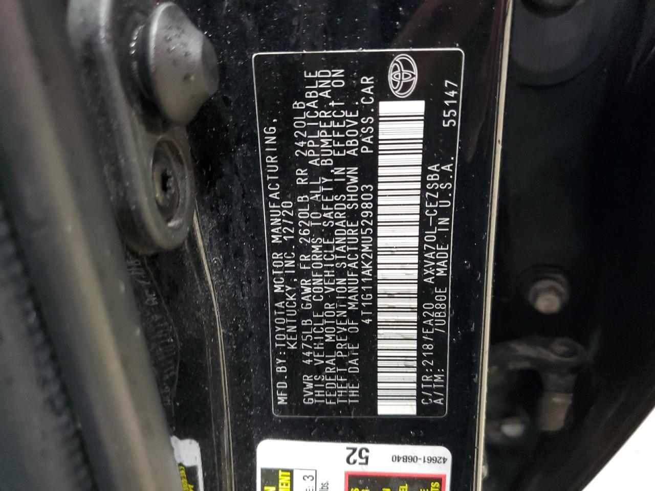 2021 Toyota Camry Se VIN: 4T1G11AK2MU529803 Lot: 70765355