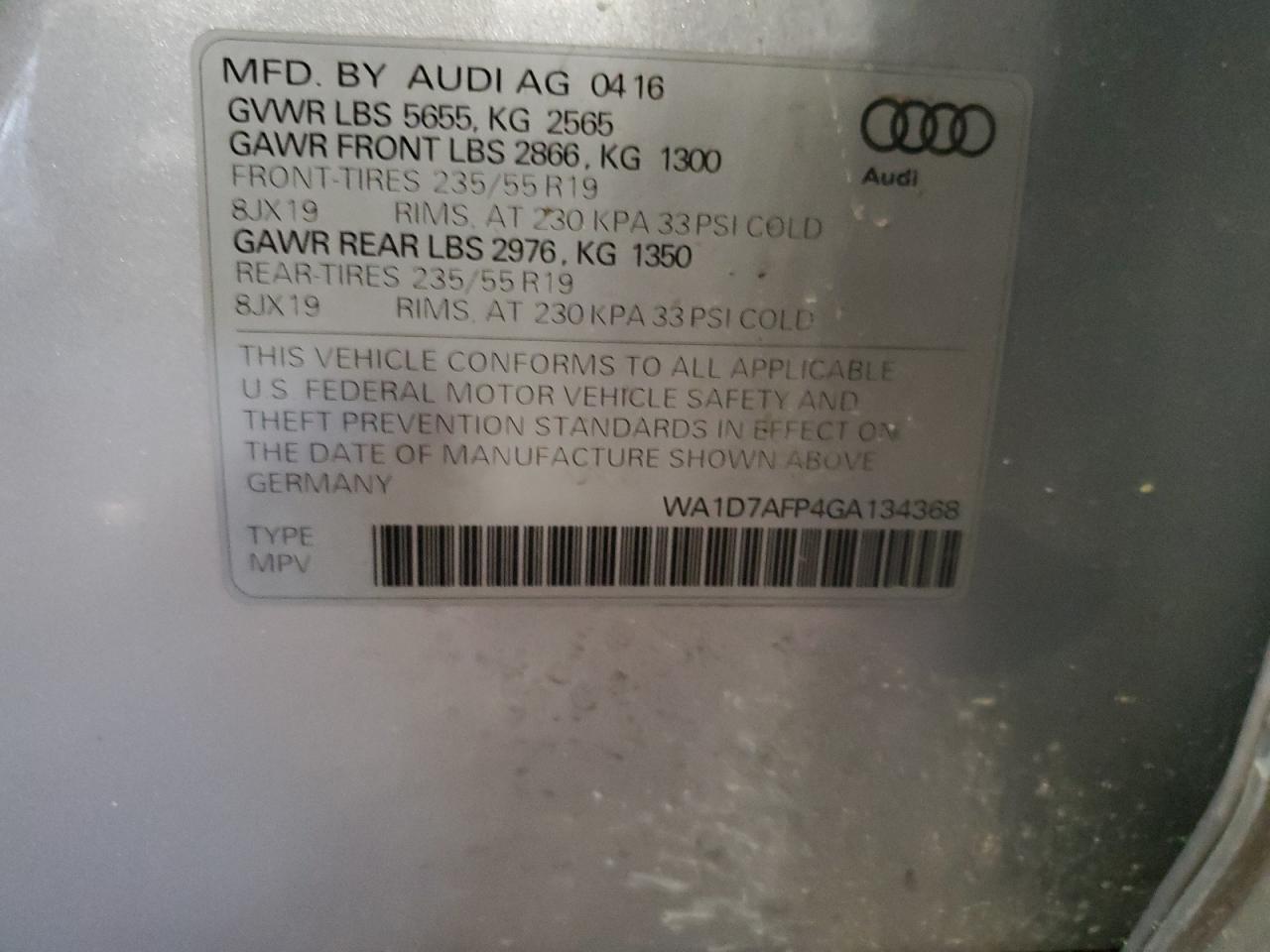 2016 Audi Q5 Premium Plus S-Line VIN: WA1D7AFP4GA134368 Lot: 68913485