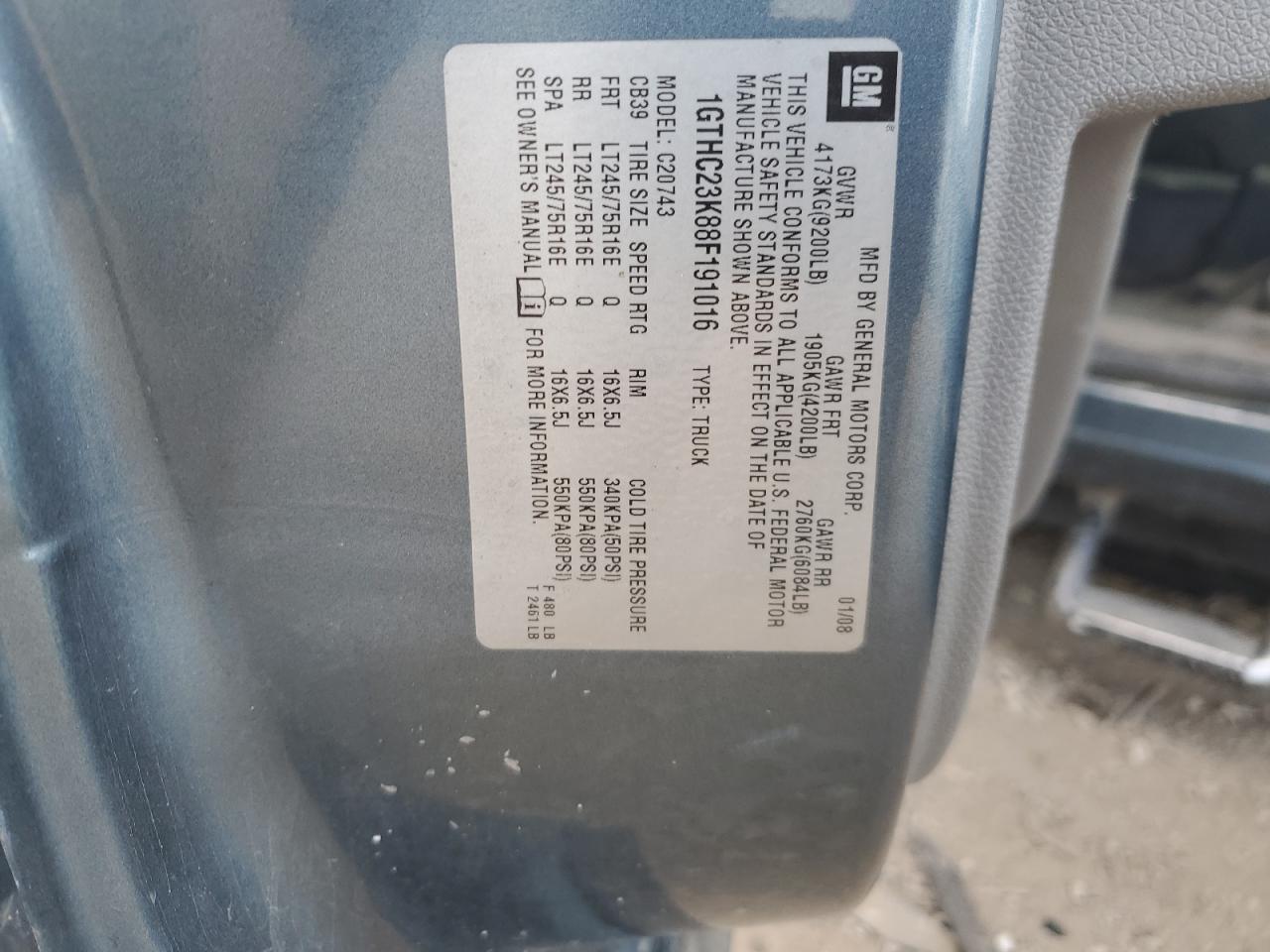 2008 GMC Sierra C2500 Heavy Duty VIN: 1GTHC23K88F191016 Lot: 68351165