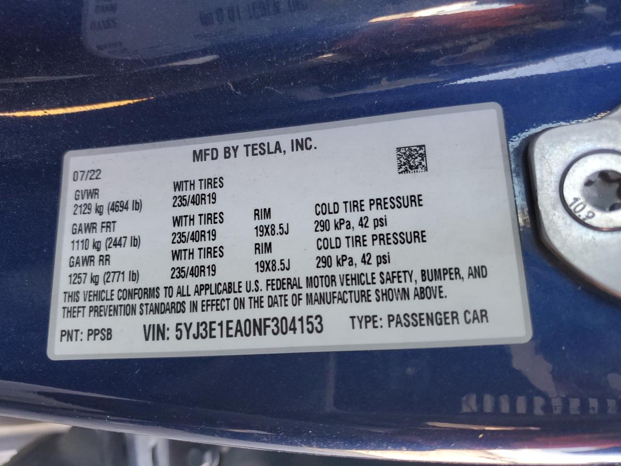 2022 Tesla Model 3 VIN: 5YJ3E1EA0NF304153 Lot: 68523525