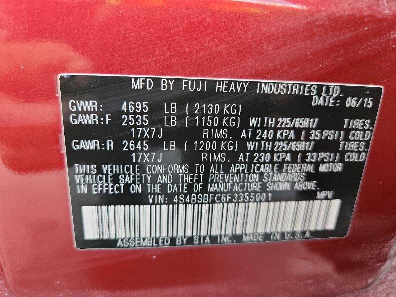 2015 Subaru Outback 2.5I Premium VIN: 4S4BSBFC6F3355001 Lot: 69623235