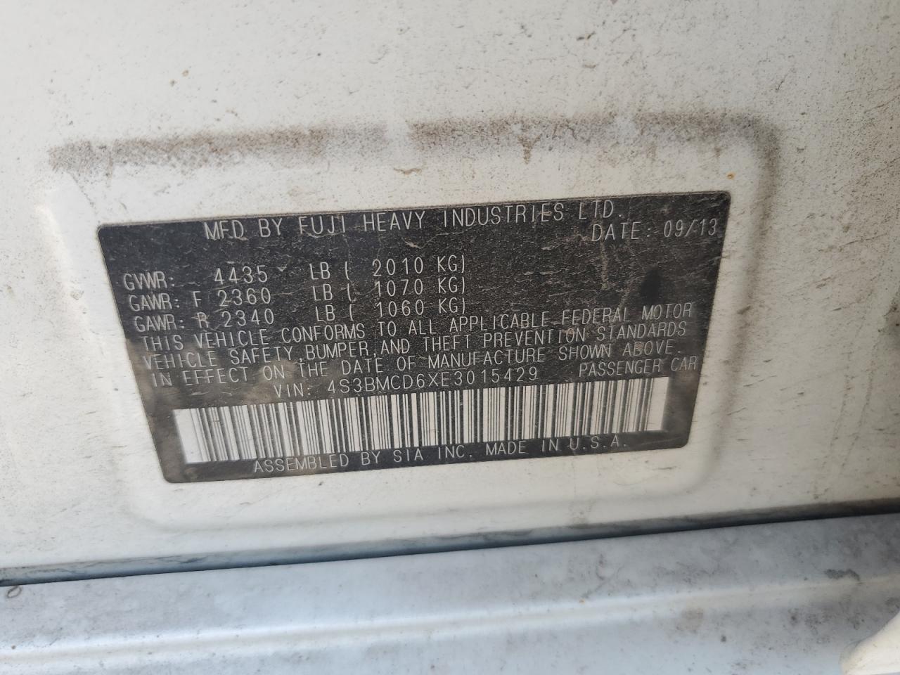 2014 Subaru Legacy 2.5I Premium VIN: 4S3BMCD6XE3015429 Lot: 68435195