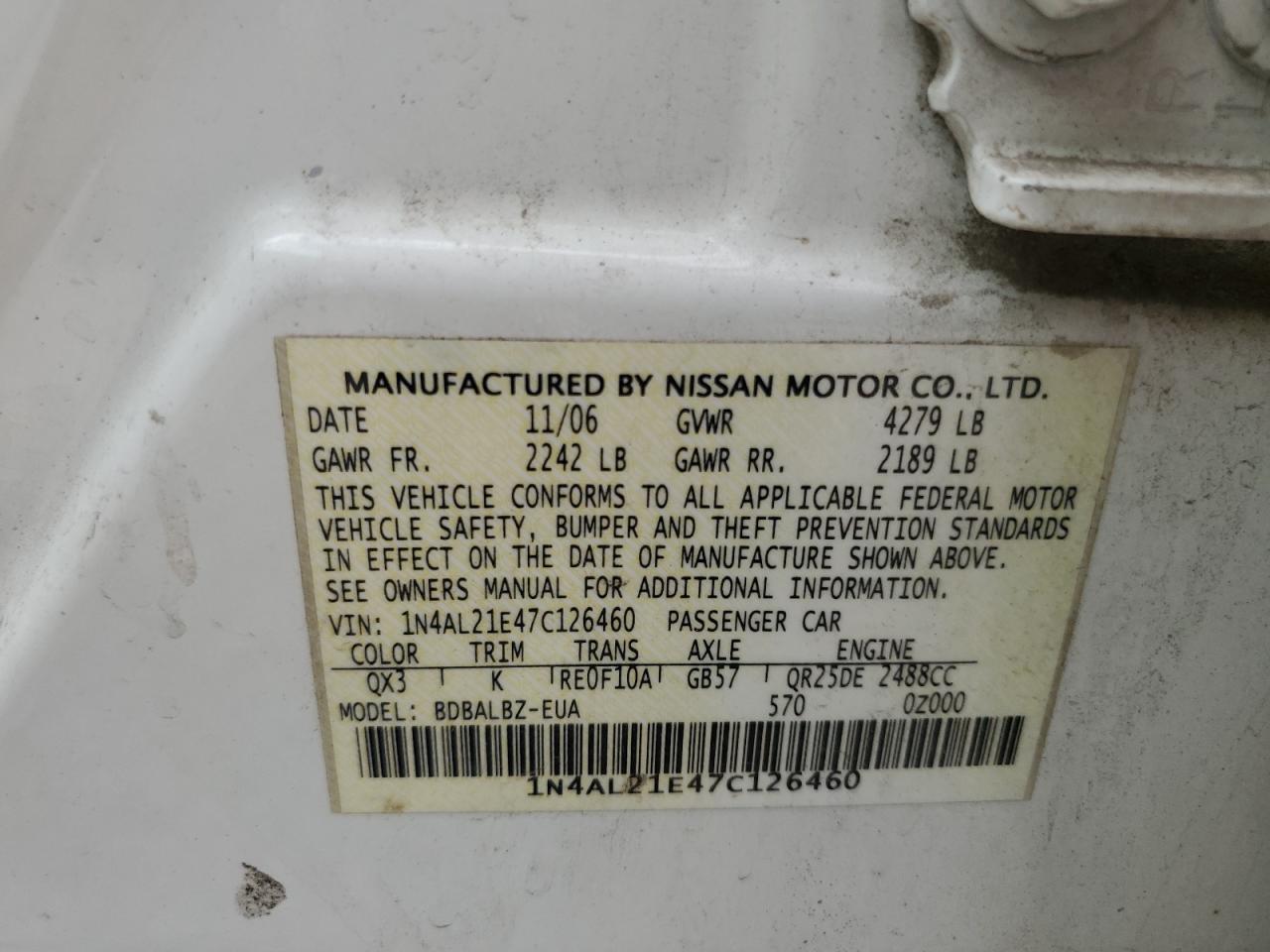 2007 Nissan Altima 2.5 VIN: 1N4AL21E47C126460 Lot: 69697105