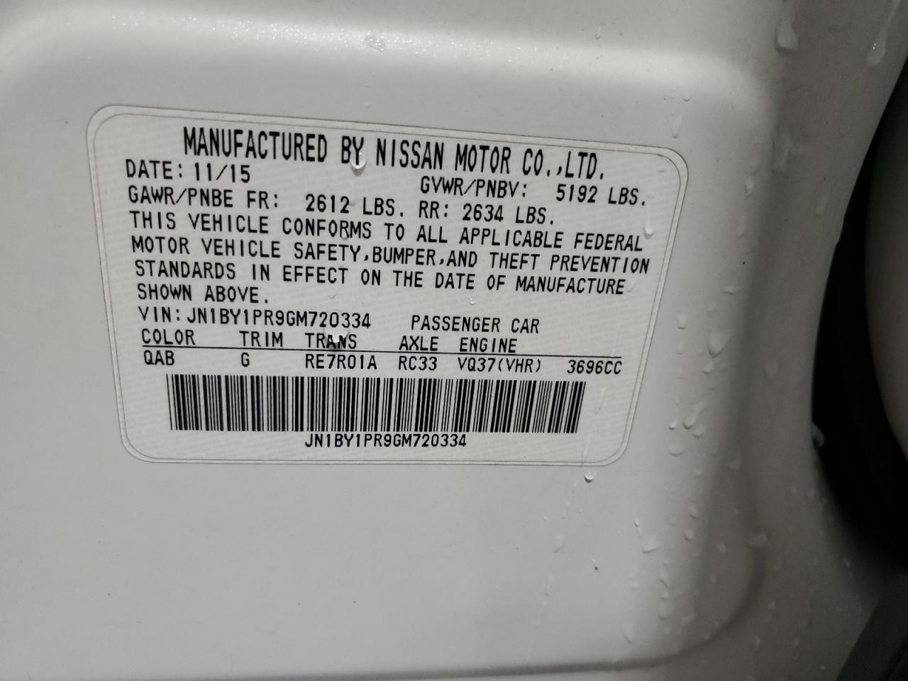 2016 Infiniti Q70L 3.7 VIN: JN1BY1PR9GM720334 Lot: 68627885