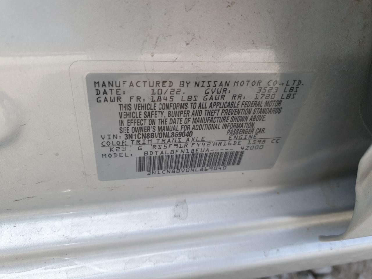2022 Nissan Versa S VIN: 3N1CN8BV0NL869040 Lot: 68929615