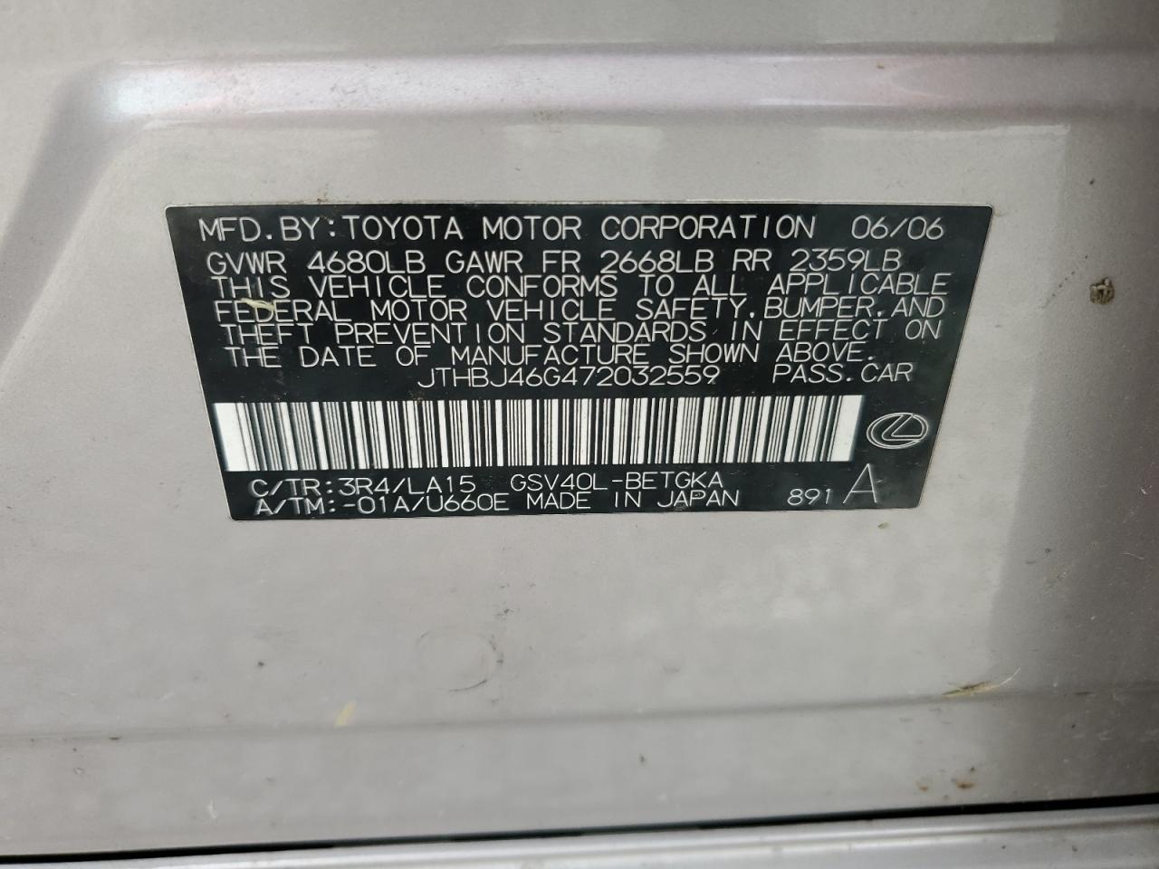 2007 Lexus Es 350 VIN: JTHBJ46G472032559 Lot: 67444915