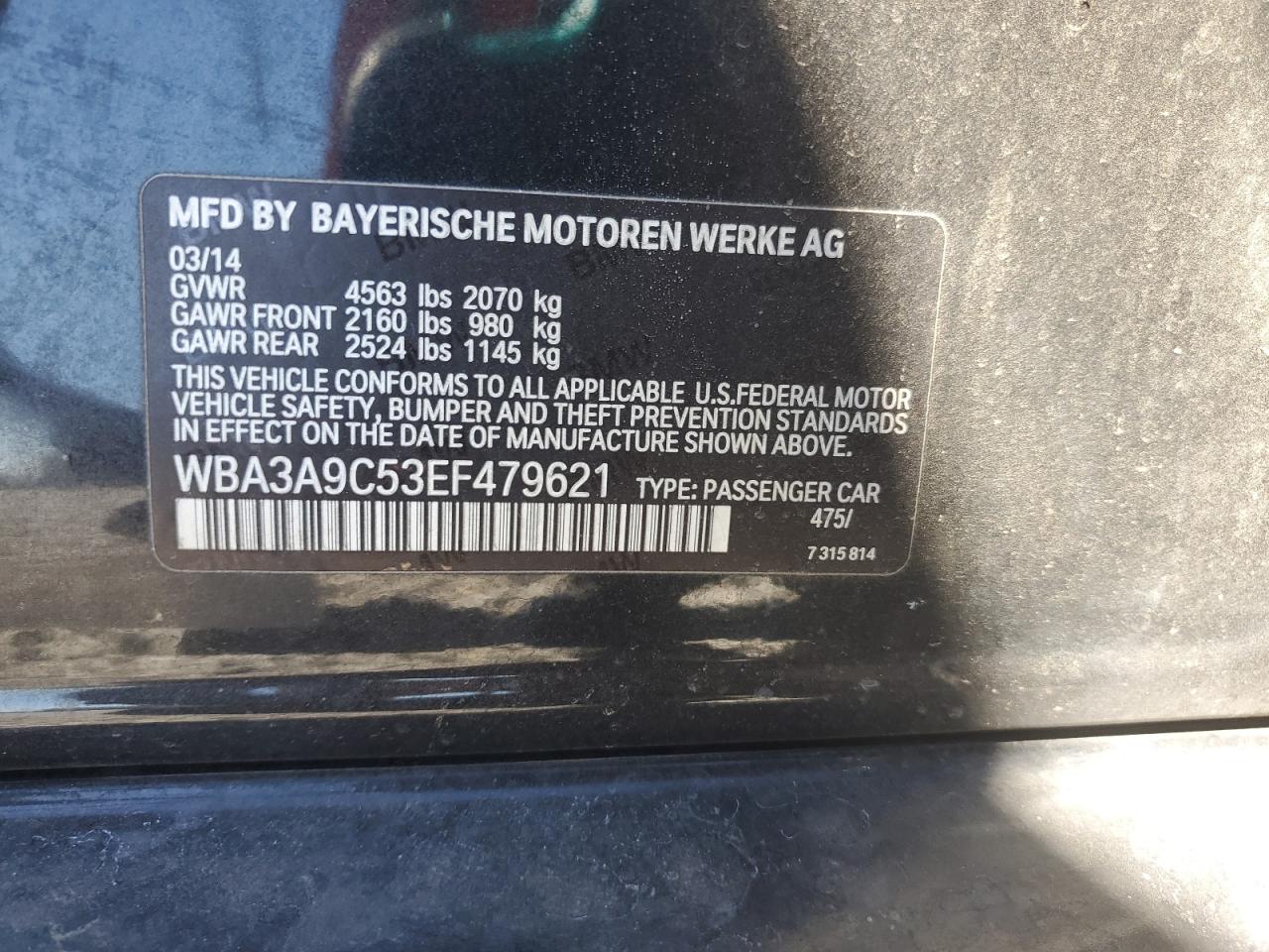 2014 BMW 335 I VIN: WBA3A9C53EF479621 Lot: 67942885