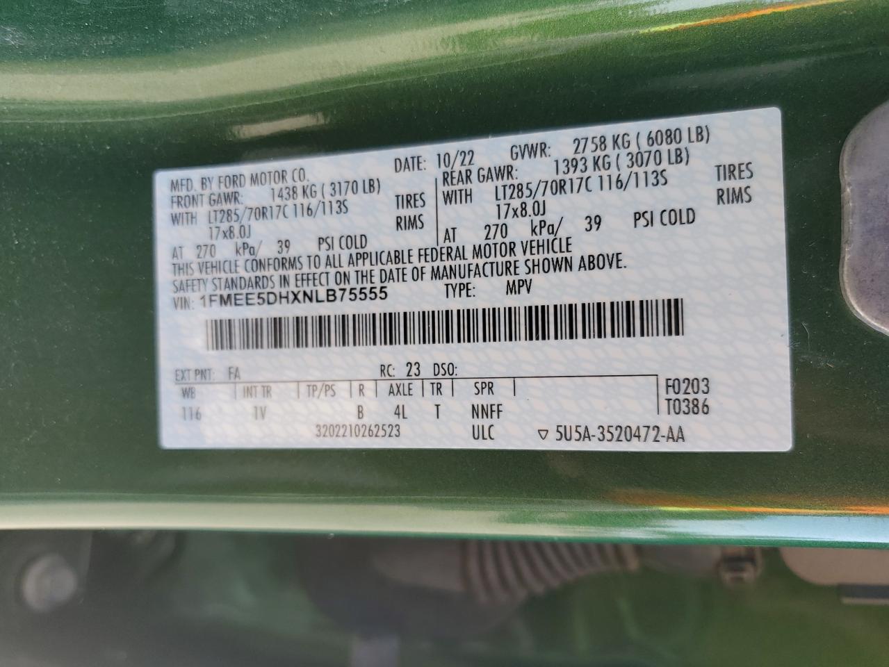 2022 Ford Bronco Base VIN: 1FMEE5DHXNLB75555 Lot: 70328495