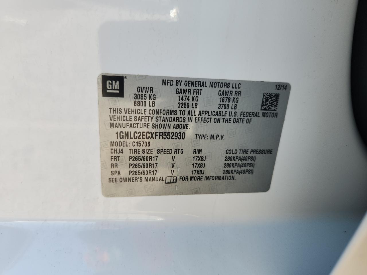 2015 Chevrolet Tahoe Police VIN: 1GNLC2ECXFR552930 Lot: 70731615