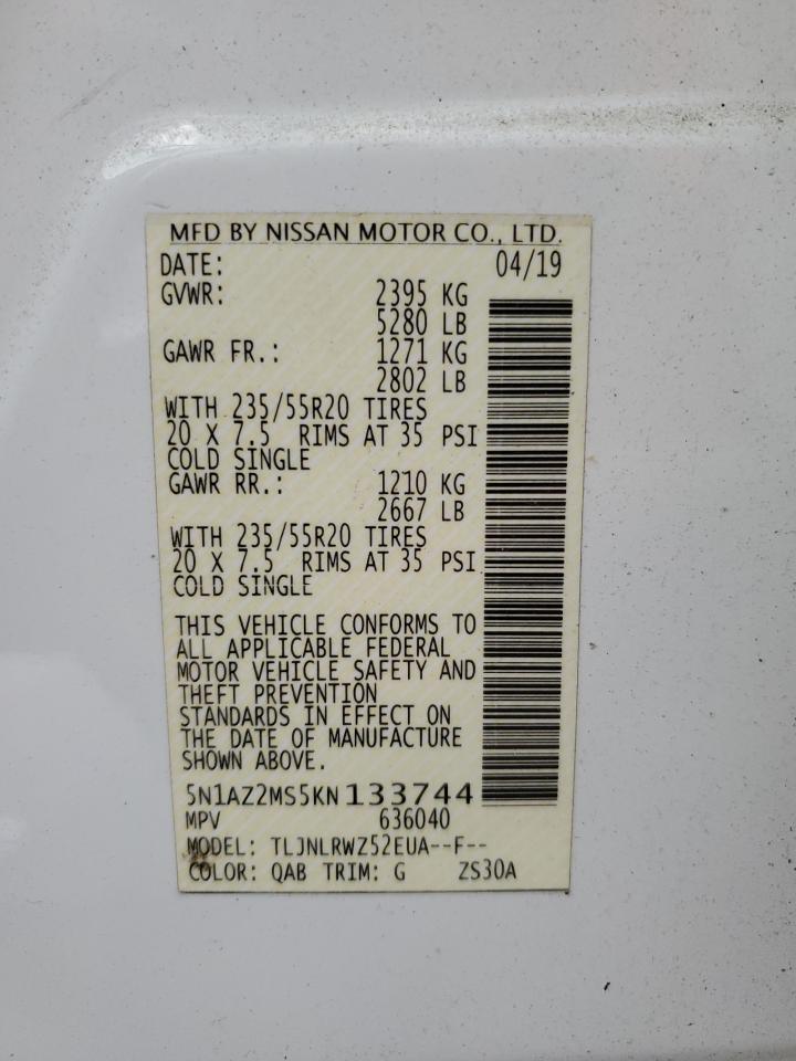 2019 Nissan Murano S VIN: 5N1AZ2MS5KN133744 Lot: 62404175