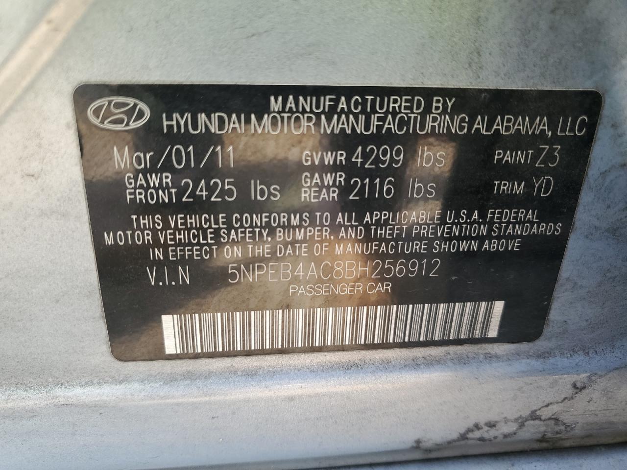 2011 Hyundai Sonata Gls VIN: 5NPEB4AC8BH256912 Lot: 70308925