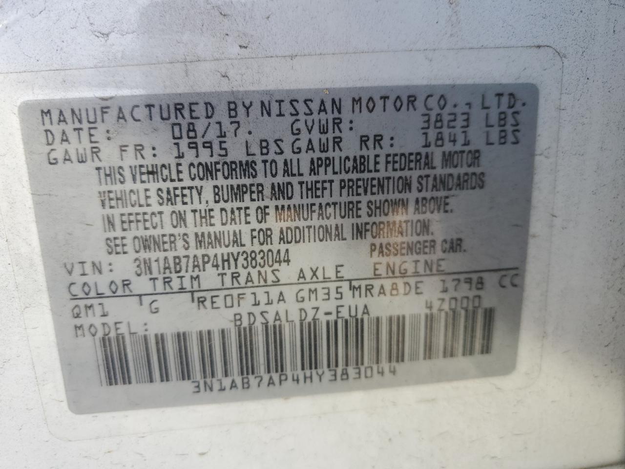 2017 Nissan Sentra S VIN: 3N1AB7AP4HY383044 Lot: 70141315