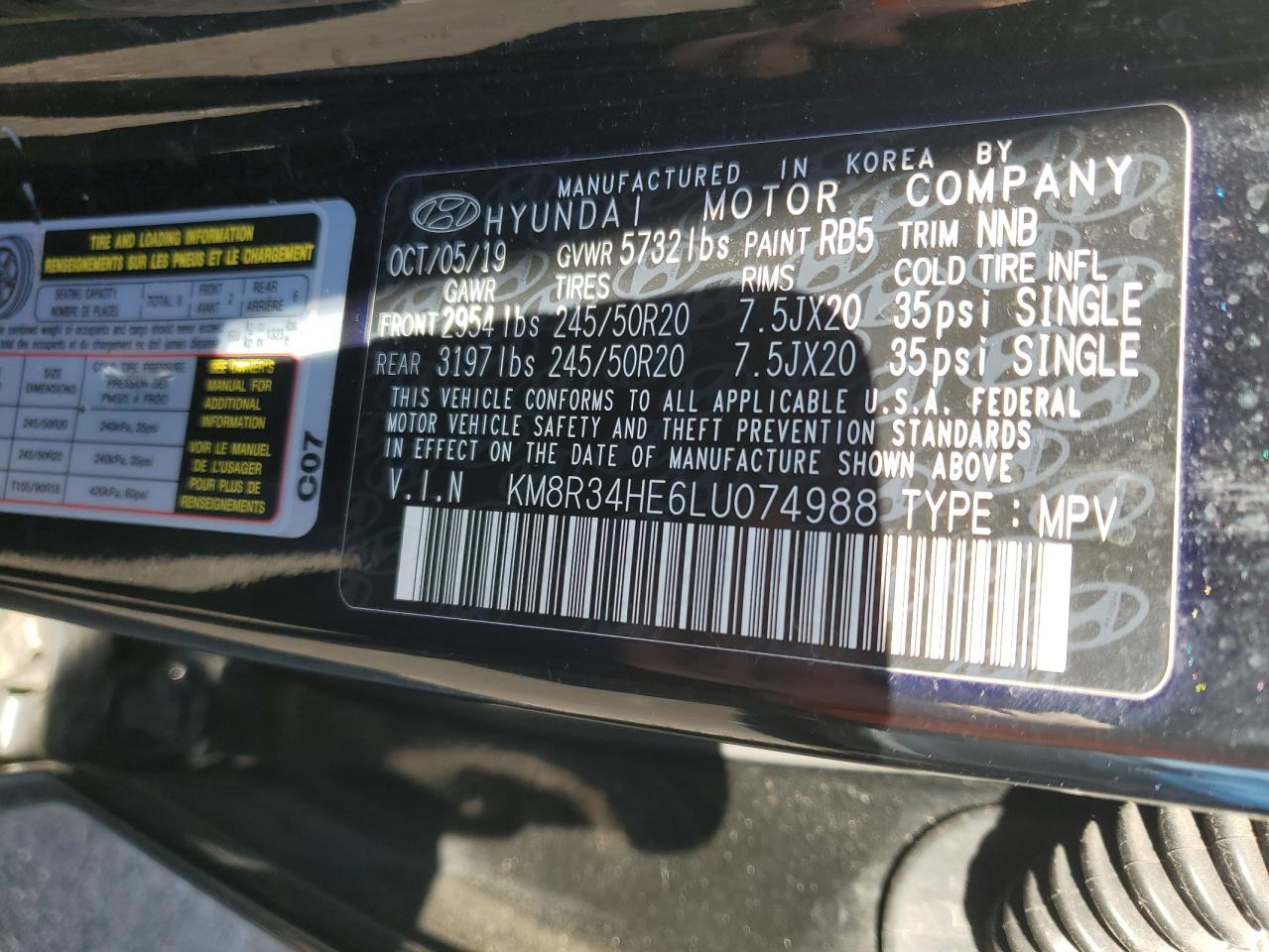 2020 Hyundai Palisade Sel VIN: KM8R34HE6LU074988 Lot: 69966965