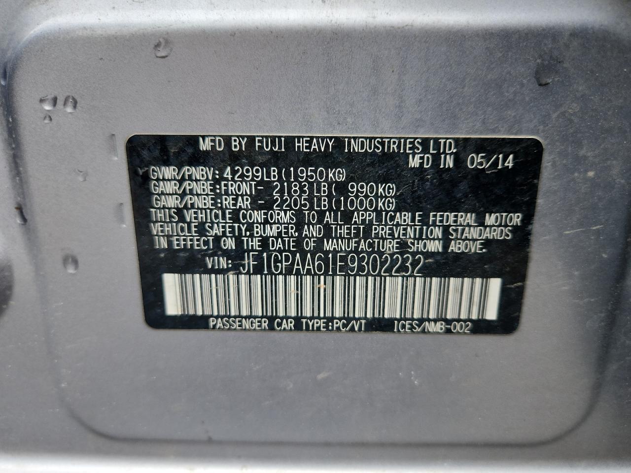 2014 Subaru Impreza VIN: JF1GPAA61E9302232 Lot: 69950845