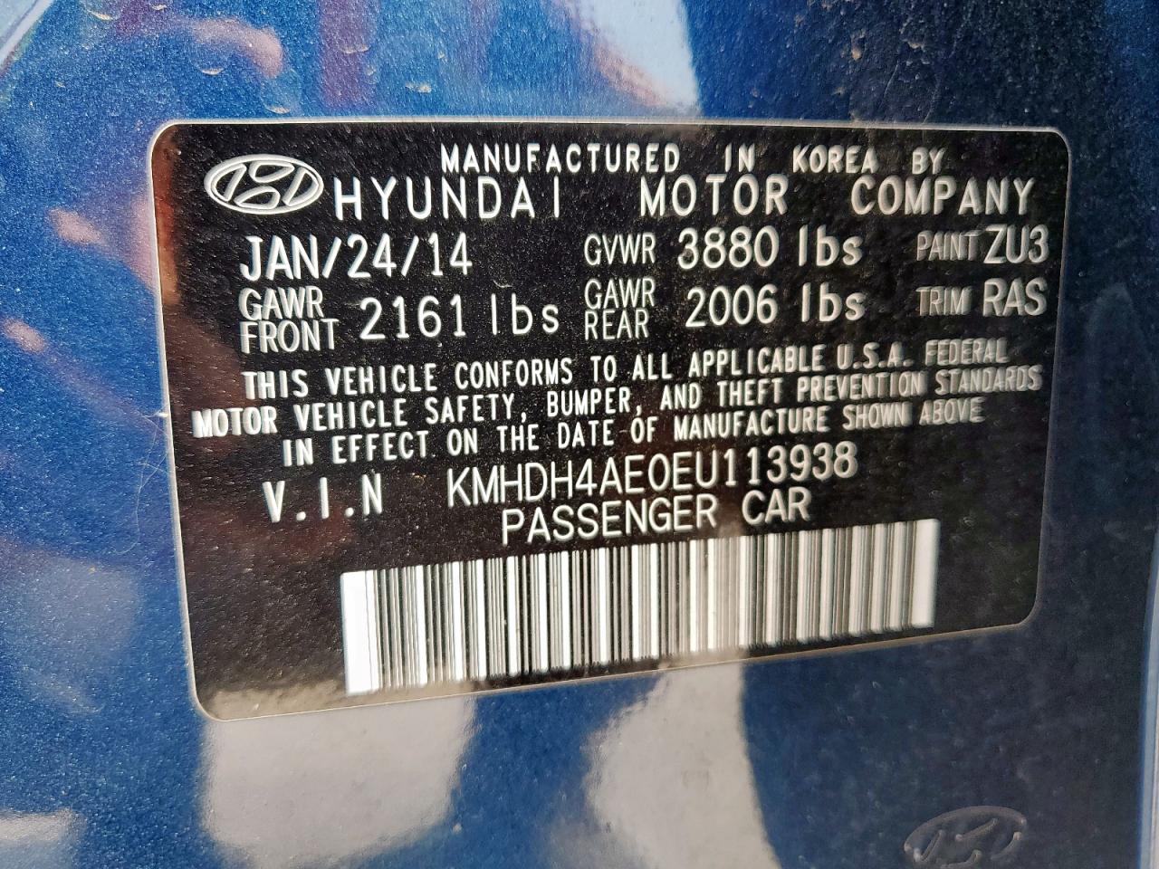 2014 Hyundai Elantra Se VIN: KMHDH4AE0EU113938 Lot: 70394065