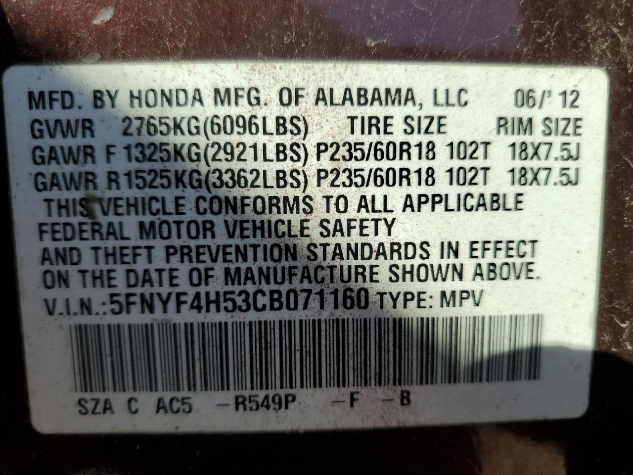 2012 Honda Pilot Exl VIN: 5FNYF4H53CB071160 Lot: 69779935