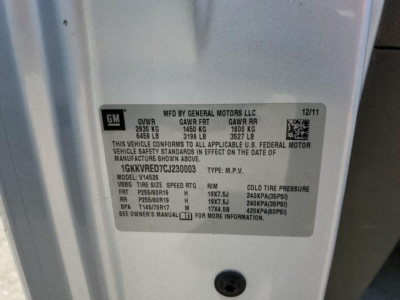 2012 GMC Acadia Slt-1 VIN: 1GKKVRED7CJ230003 Lot: 68687005