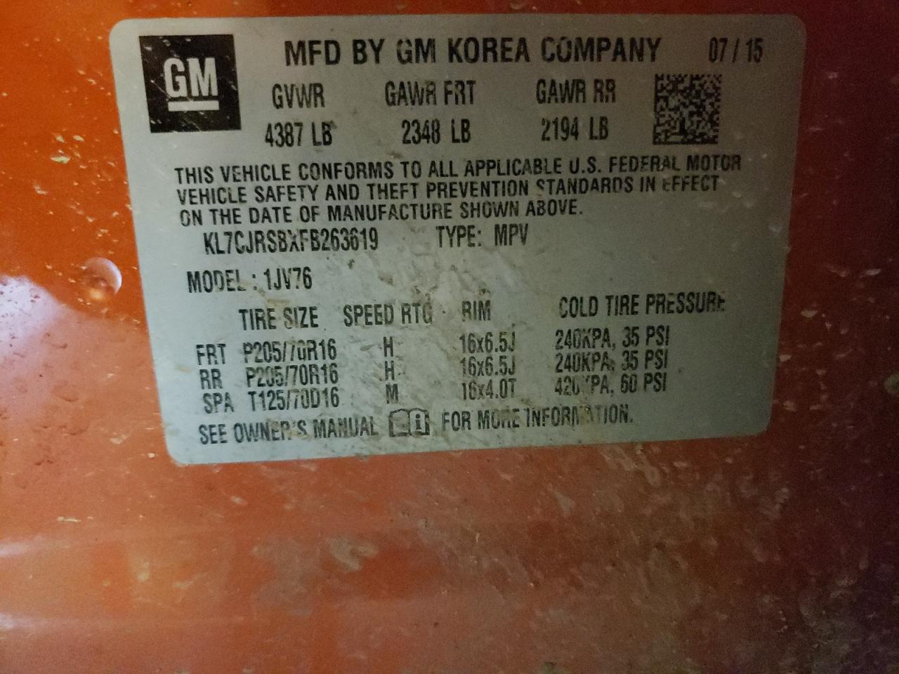 2015 Chevrolet Trax 1Lt VIN: KL7CJRSBXFB263619 Lot: 69314225