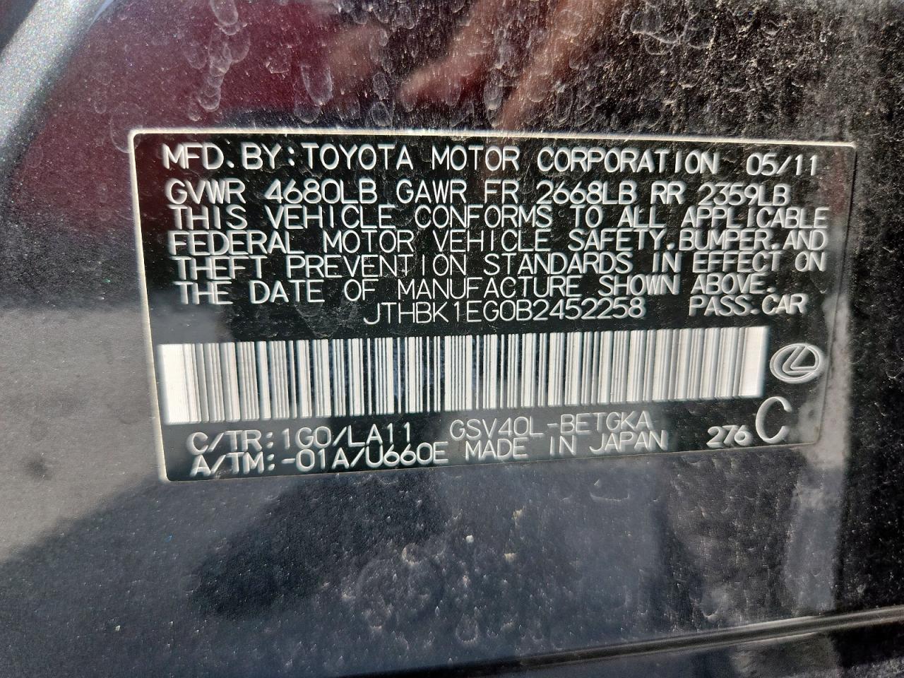 2011 Lexus Es 350 VIN: JTHBK1EG0B2452258 Lot: 67929415